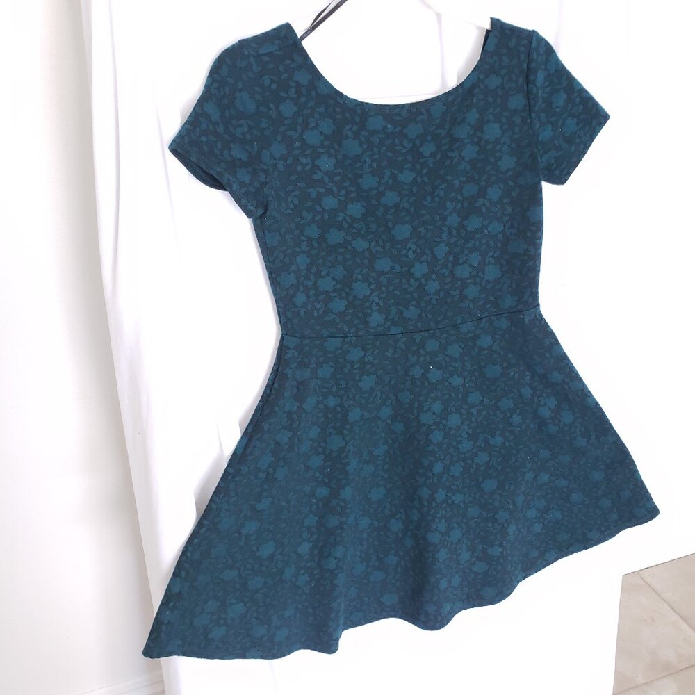 Woman Dark Teal Floral Pattern Short Sleeve Short Fit and Flare Dress Size M